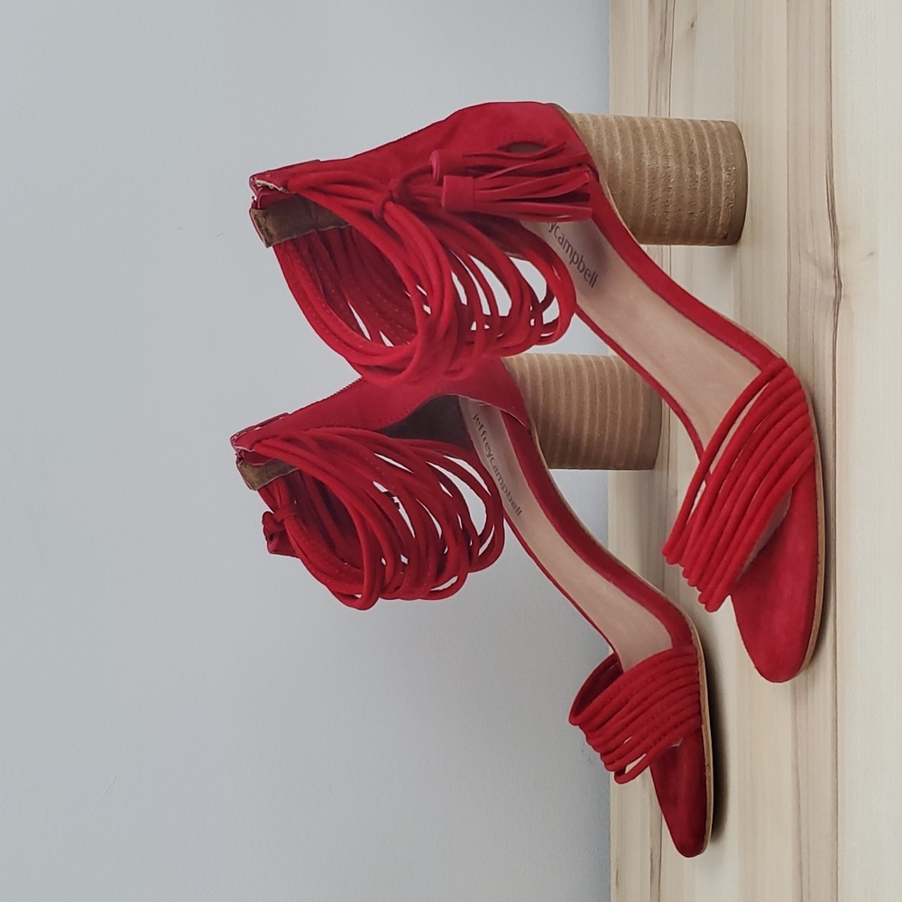 Jeffrey Campbell Pallas, Red Suede, Strappy, Chunky Heels, Size 7